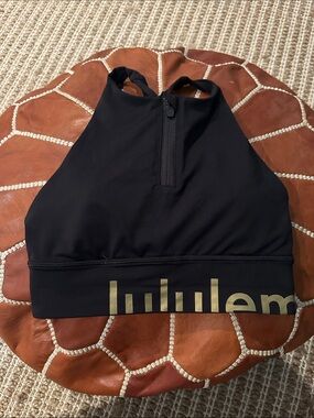 lululemon athletica Black High Neck Zip Sports Bra with Gold Logo Energy bra